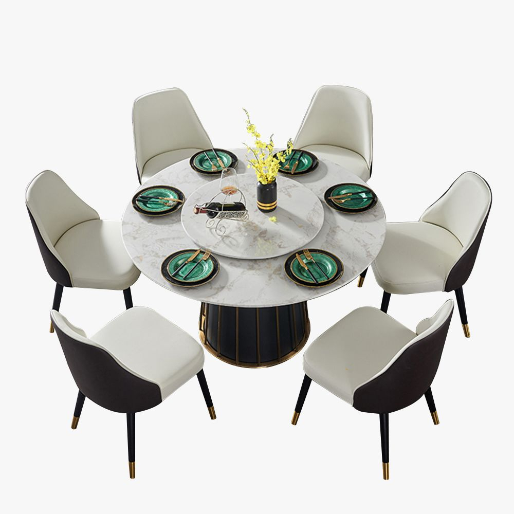 Modern White Round Marble Tabletop Dining Table with Lazy Susan, Black and Gold Leg, Dining Room Table for 6-8, 51"