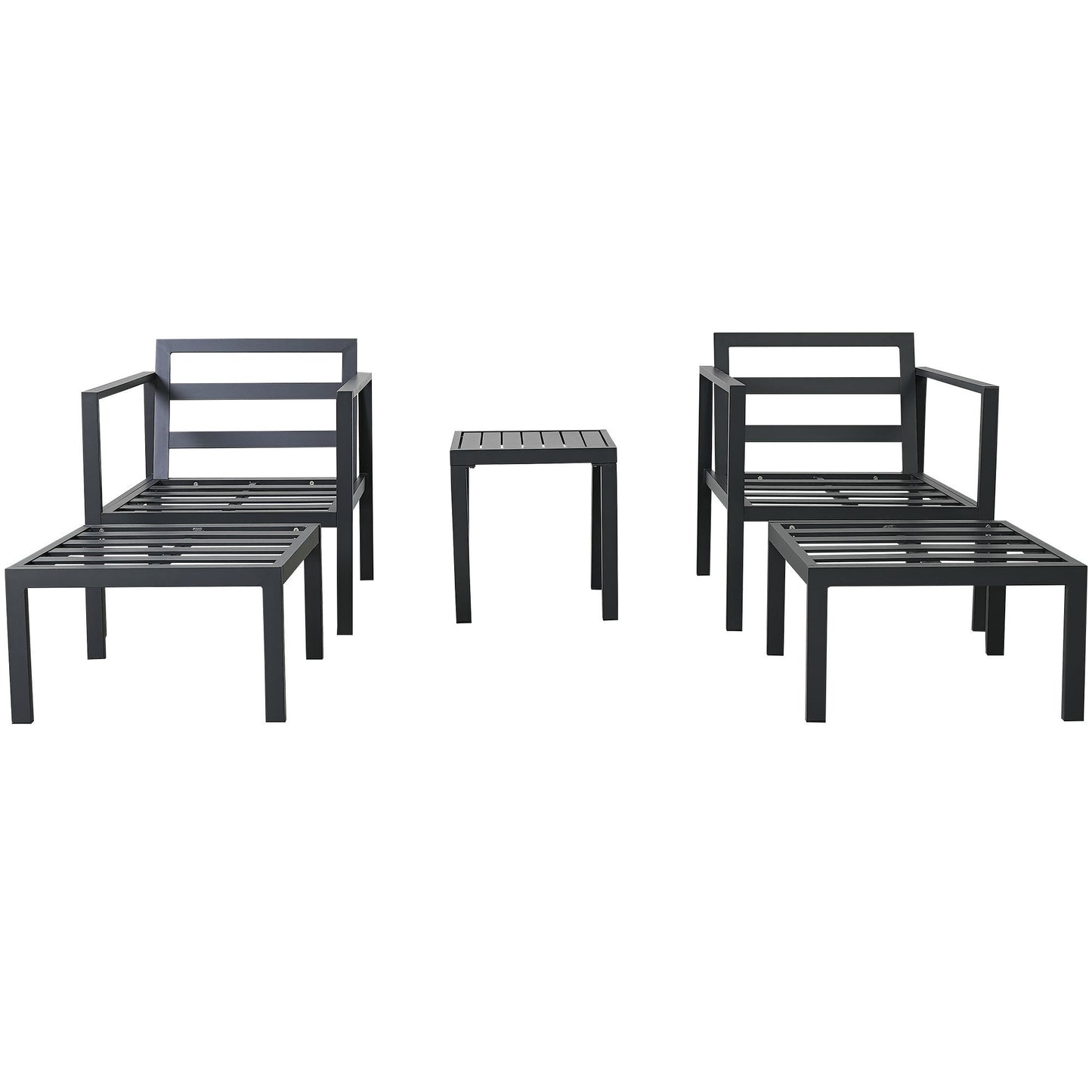 TOPMAX Outdoor Patio 5-piece Aluminum Alloy Conversation Set Sofa Set with Coffee Table and Stools for Poolside, Garden,Black Frame+Gray Cushion