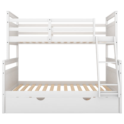 Twin over Full Bunk Bed with Ladder, Twin Size Trundle, Safety Guardrail, White