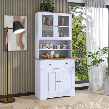 TREXM 70.9" Multifunctional Pantry Cabinet MDF Storage Cabinet with Glass Doors, A Large Drawer and Adjustable Shelves (White)