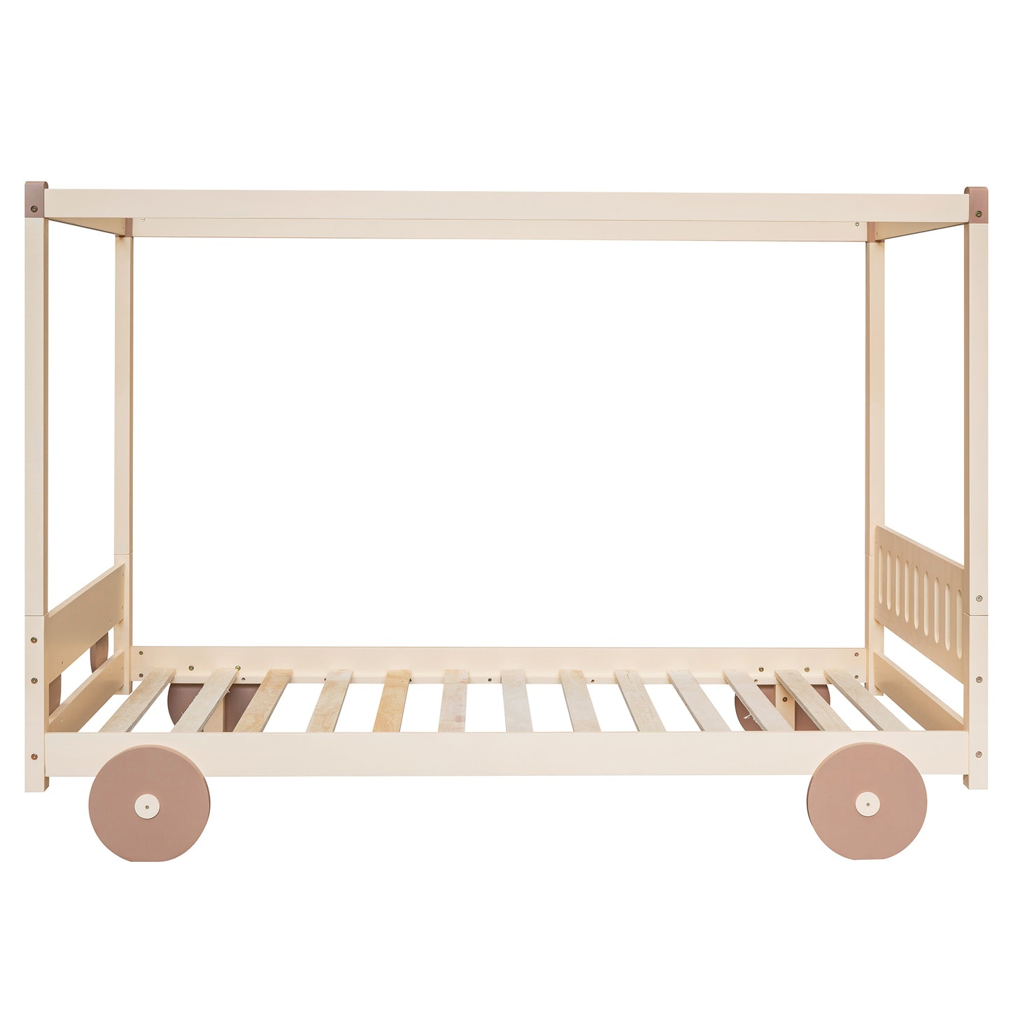 Twin Size Canopy Car-Shaped Platform Bed,Natural+Brown