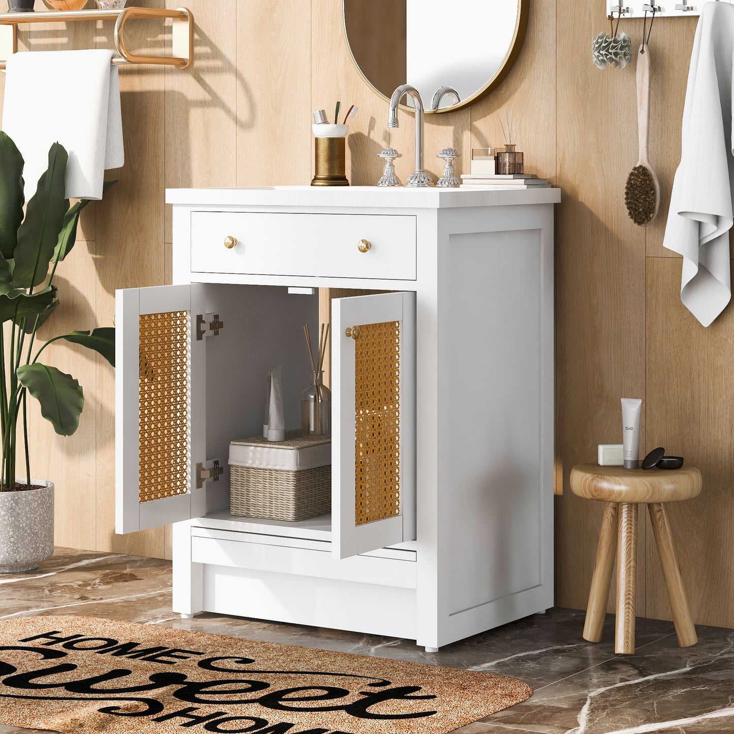 24" Bathroom vanity with Single Sink，White Combo Cabinet Undermount Sink，Bathroom Storage Cabinet，Solid Wood Frame，Pull-out footrest