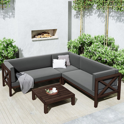 TOPMAX Outdoor Wood Patio Backyard 4-Piece Sectional Seating Group with Cushions and Table X-Back Sofa Set for Small Places, Brown Finish+Gray Cushions