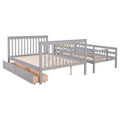 Twin Over Full Bunk Bed with 2 Drawers and Staircases, Convertible into 2 Beds, the Bunk Bed with Staircase and Safety Rails for Kids, Teens, Adults, Grey