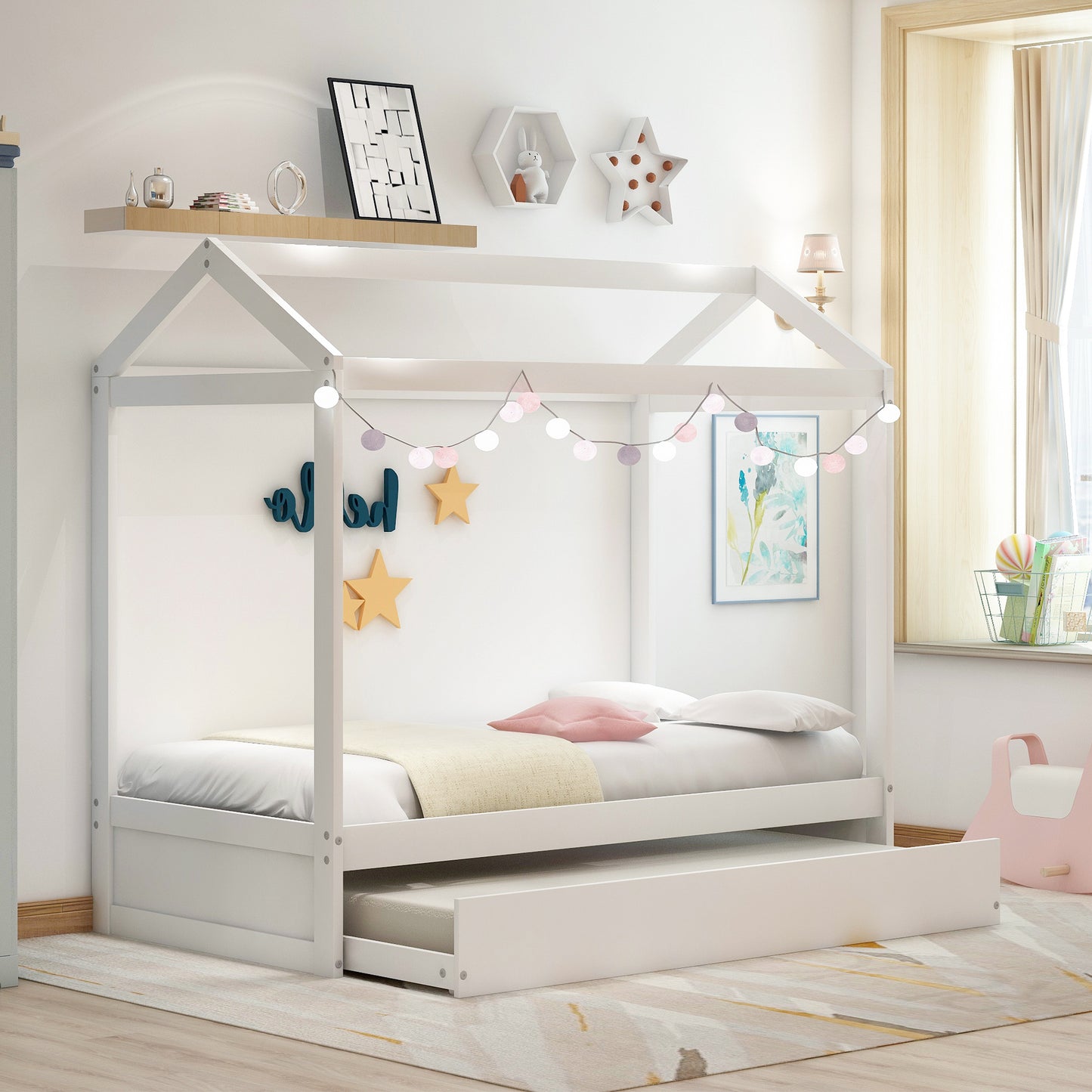 House Bed with Trundle, can be Decorated,White(Old SKU:SM000103AAK)