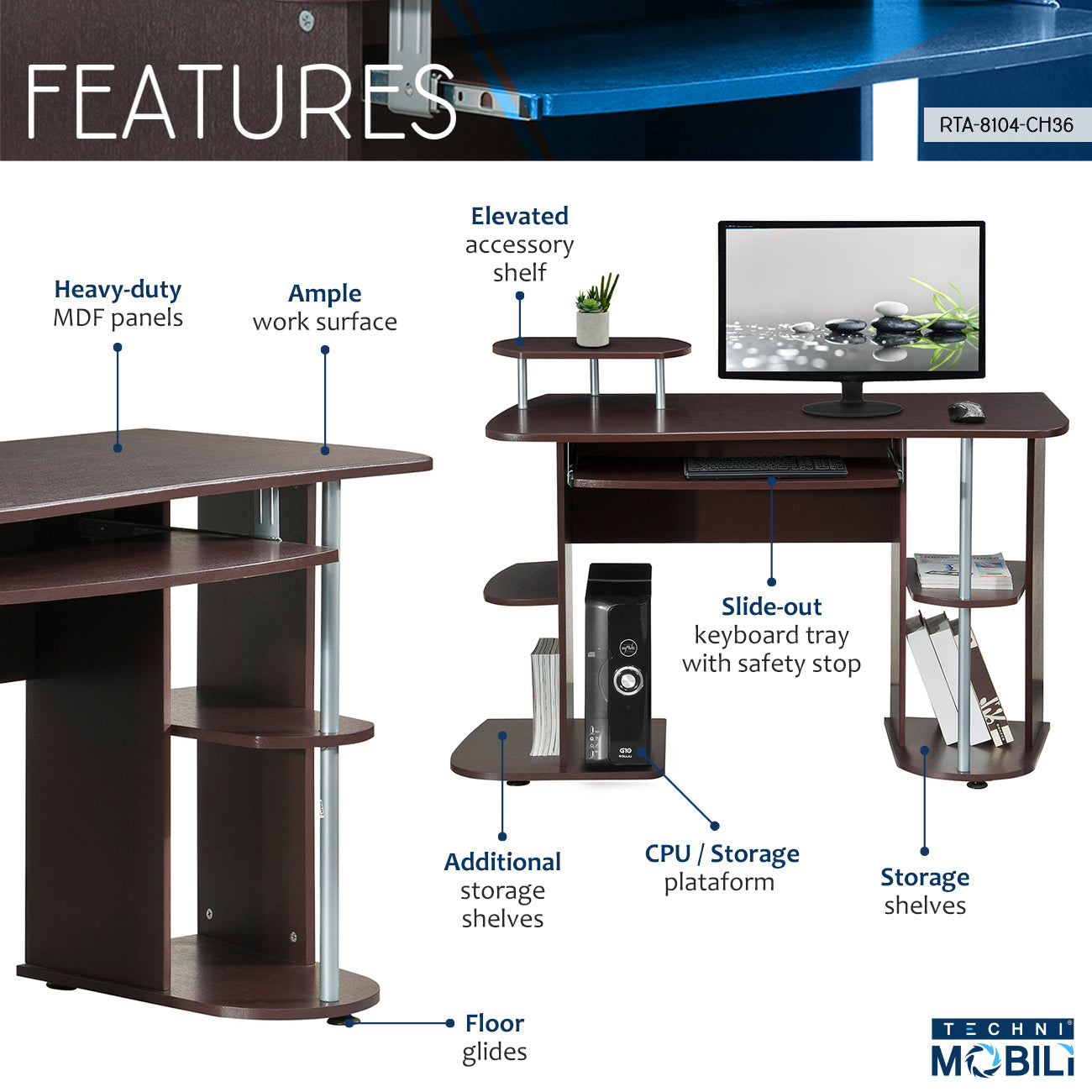 Techni Mobili Complete Computer Workstation Desk With Storage, Chocolate