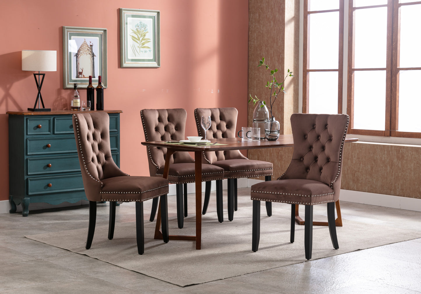 Upholstered Button Tufted Back Brown Velvet Dining Chair with Nailhead Trim and Solid Wood Legs 2 Sets