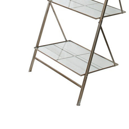 94 Inch 4 Tier Metal Frame Shelf, Ladder Style, Glass, Antique Silver