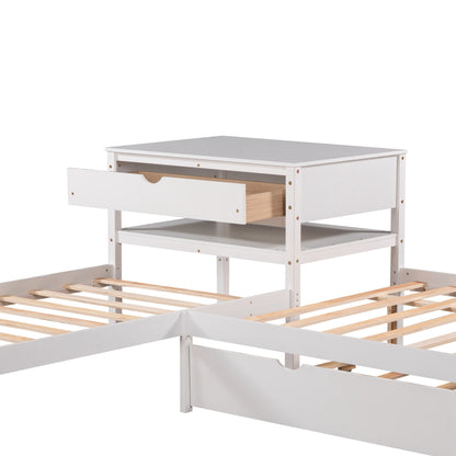 L-Shaped Full Size and Twin Size Platform Beds with Twin Size Trundle and Drawer Linked with Built-in Rectangle Table,White