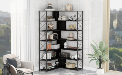 7-Tier Bookcase Home Office Bookshelf,  L-Shaped Corner Bookcase with Metal Frame, Industrial Style Shelf with Open Storage, MDF Board