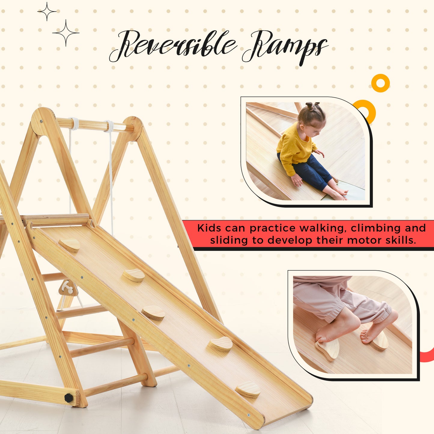 Wooden Swing and Slide Set Indoor Foldable Climbing Playground Playset for Kids, Wooden Climbing Toys with Rock Climb Ramp for Toddlers