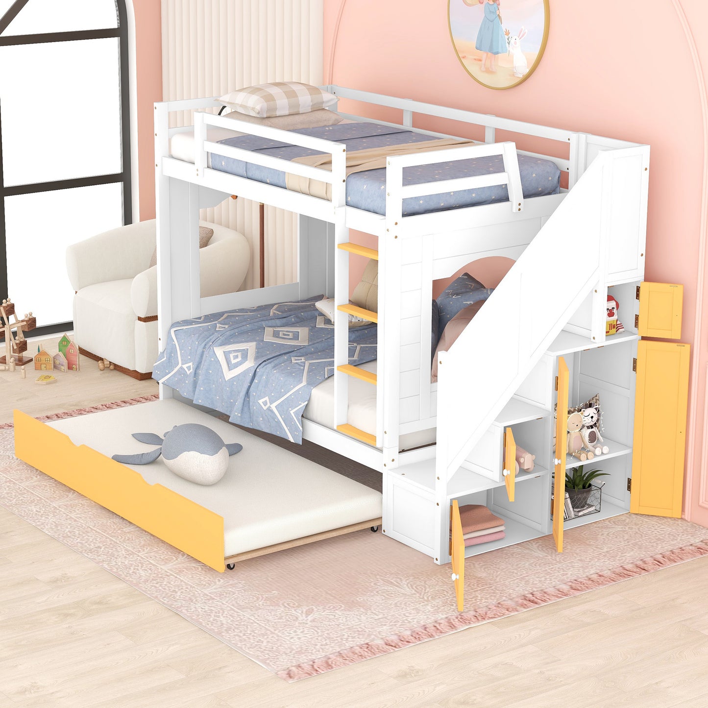 Twin Over Twin Bunk Bed with Trundle ,Stairs,Ladders Solid Wood Bunk bed with Storage Cabinet （White + Yellow）