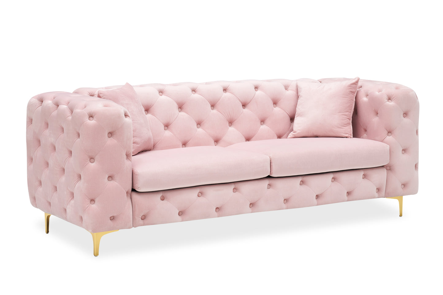 New design comfortable pink loveseat with two throw pillows in the same color