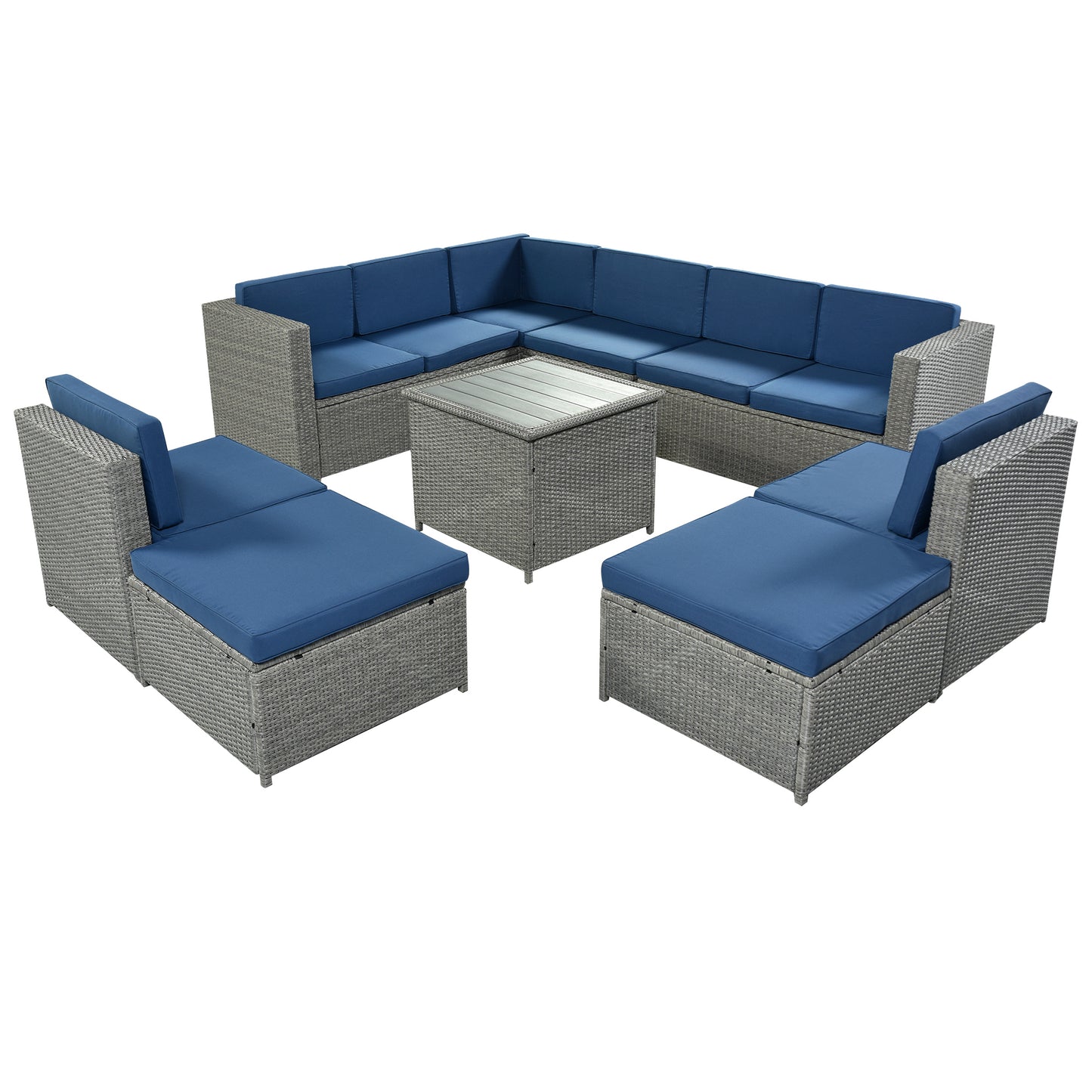 U_Style 9 Piece Rattan Sectional Seating Group with Cushions and Ottoman, Patio Furniture Sets, Outdoor Wicker Sectional, Grey Ratten+Blue Cushions