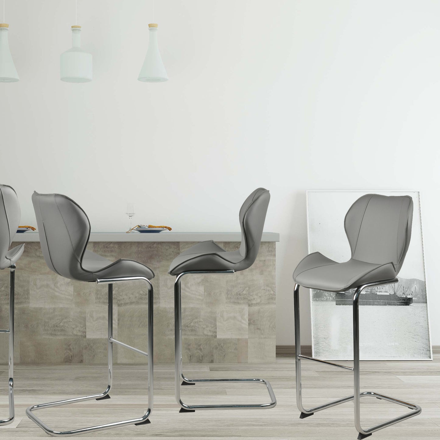 Bar chair modern design for dining and kitchen barstool with metal legs set of 4 (Grey)