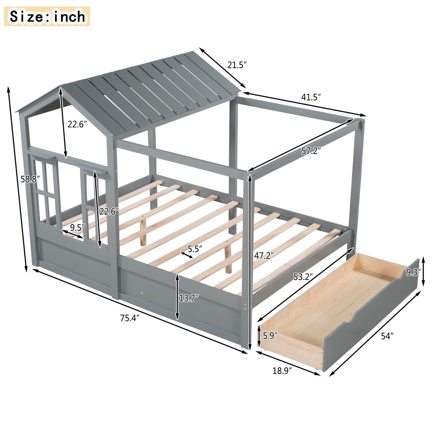 Full Size House Bed with Roof, Window and Drawer - Gray