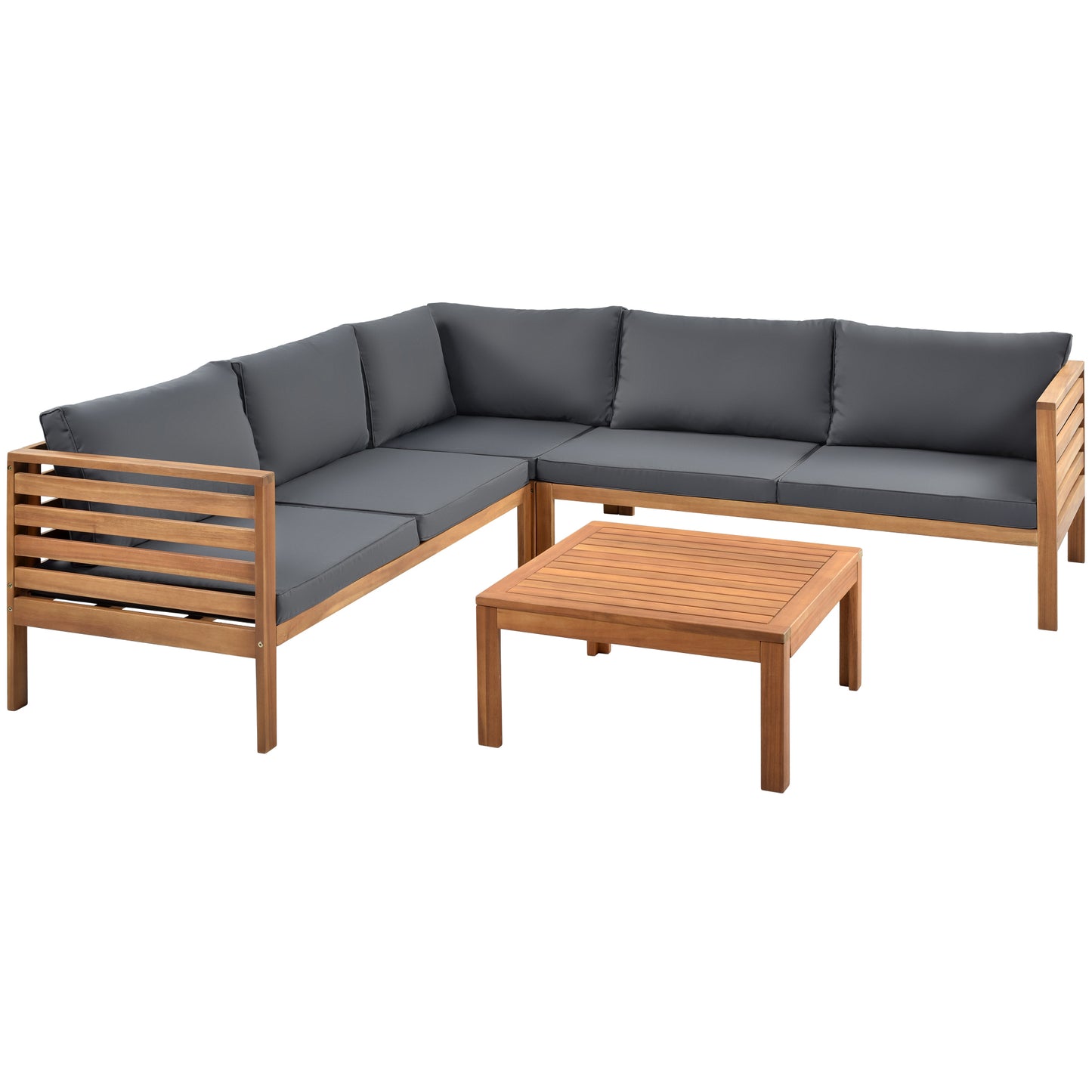 GO Wood Structure Outdoor Sofa Set with gray Cushions Exotic design Water-resistant and UV Protected texture Two-person Sofa One Corner Sofa plus One Coffee Table Strong Metal Accessories