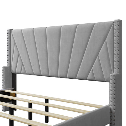 Contemporary Velvet Upholstered Bed Frame with Channel Tufting and Nailhead Trim, No Box Spring Needed, Queen, Gray