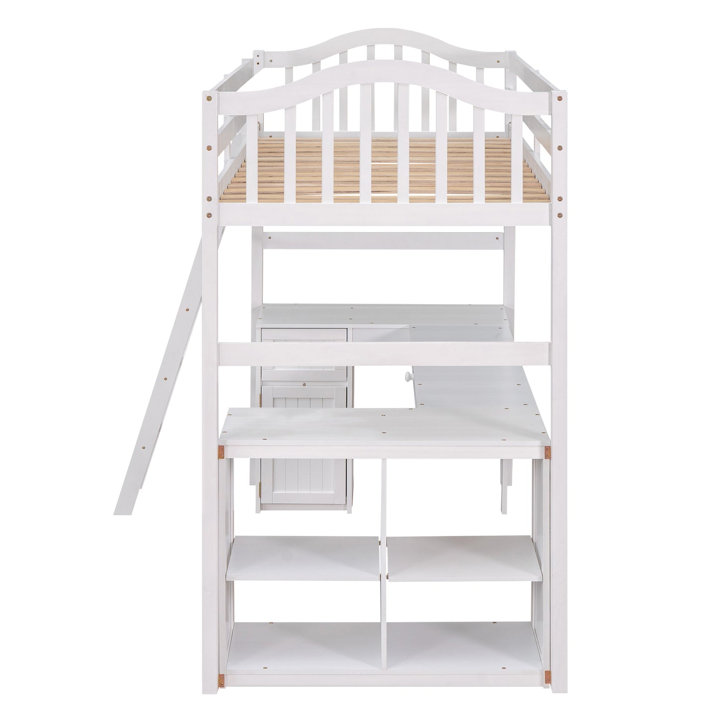 Twin size Loft Bed with Drawers, Cabinet, Shelves and Desk, Wooden Loft Bed with Desk - White(OLD SKU :LT000505AAK)