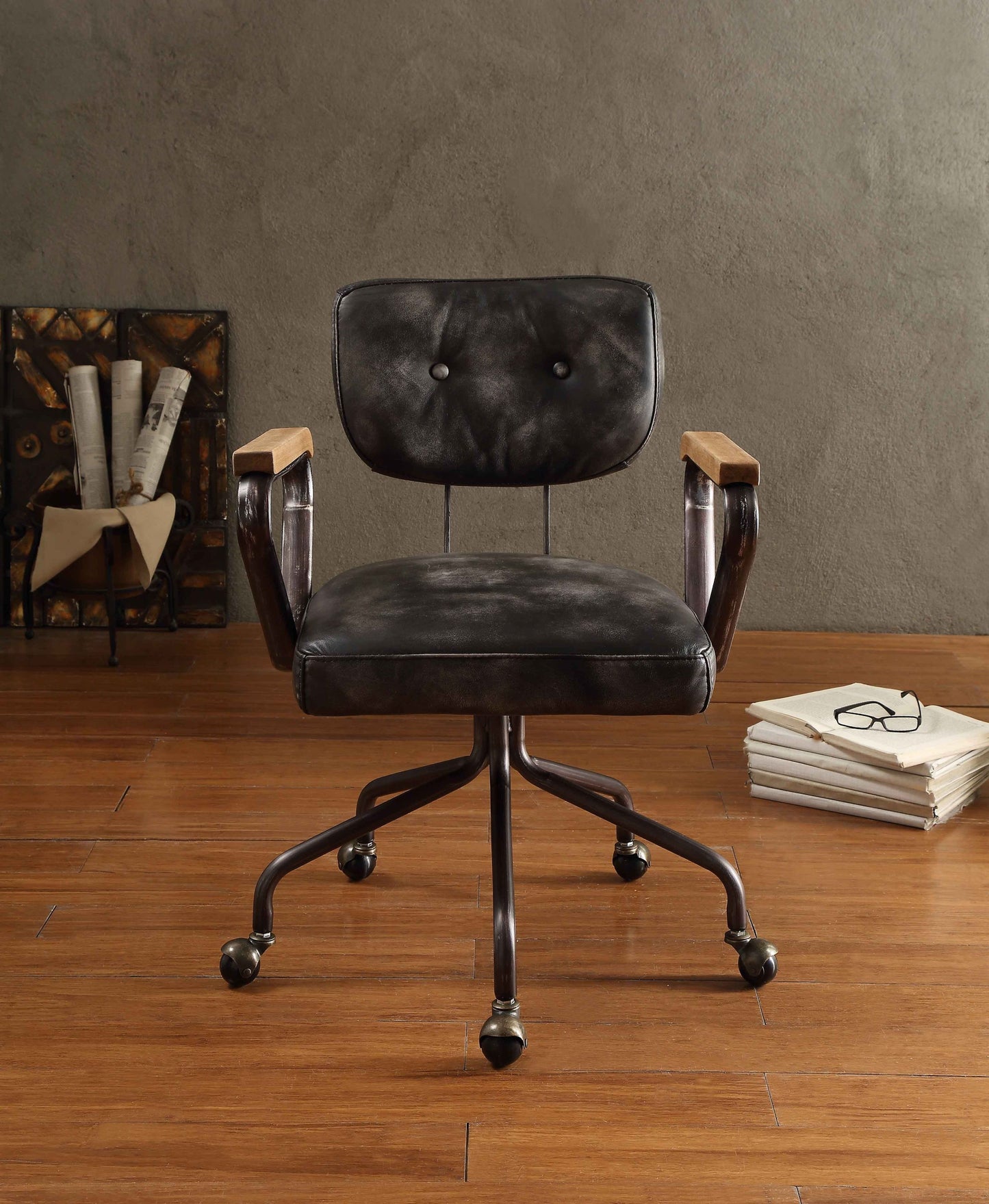 ACME Hallie Office Chair in Vintage Black Top Grain Leather 92411