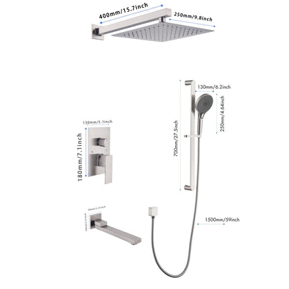 Shower System 10 Inch Square Bathroom Luxury Rain Mixer Shower Combo Set Pressure Balanced Shower System with Shower Head, Hand Shower, Slide Bar, Shower Arm, Hose, and Valve Trim