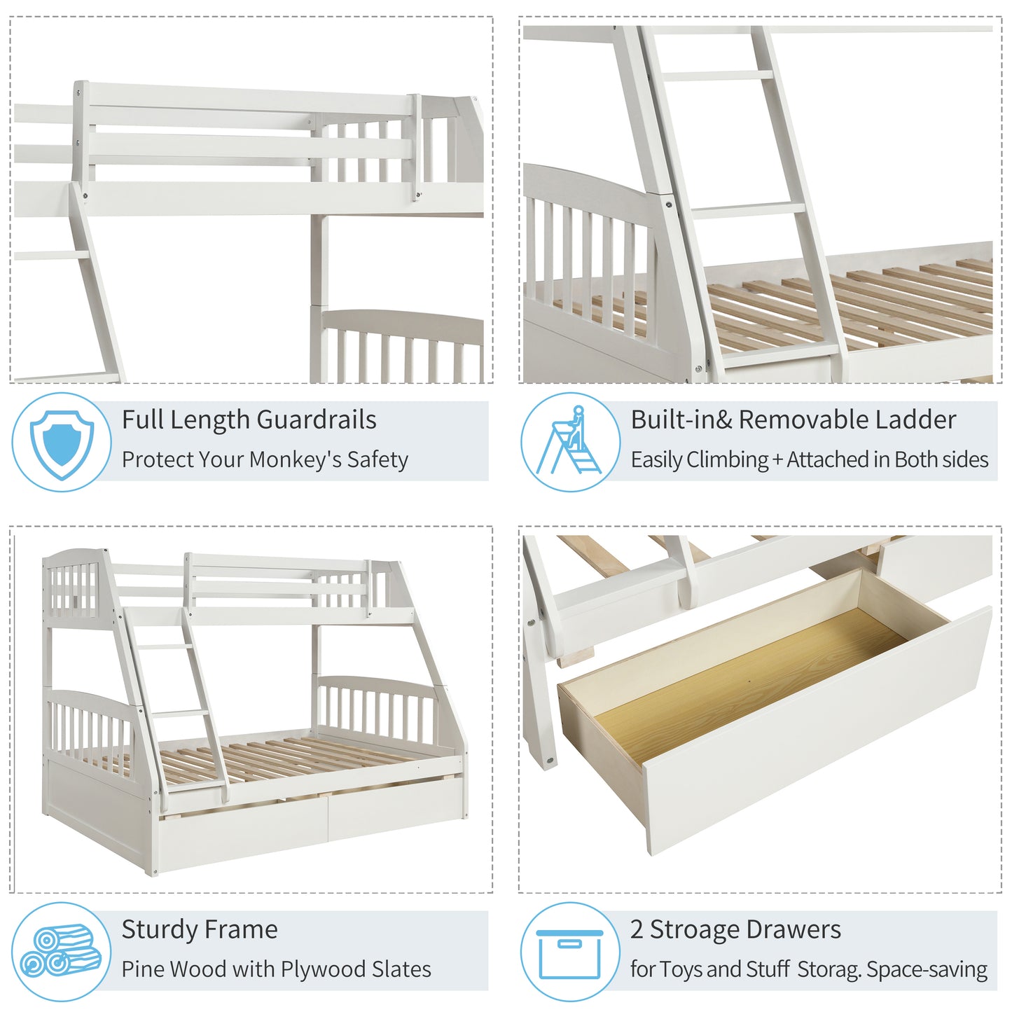 TOPMAX Solid Wood Twin Over Full Bunk Bed with Two Storage Drawers, White