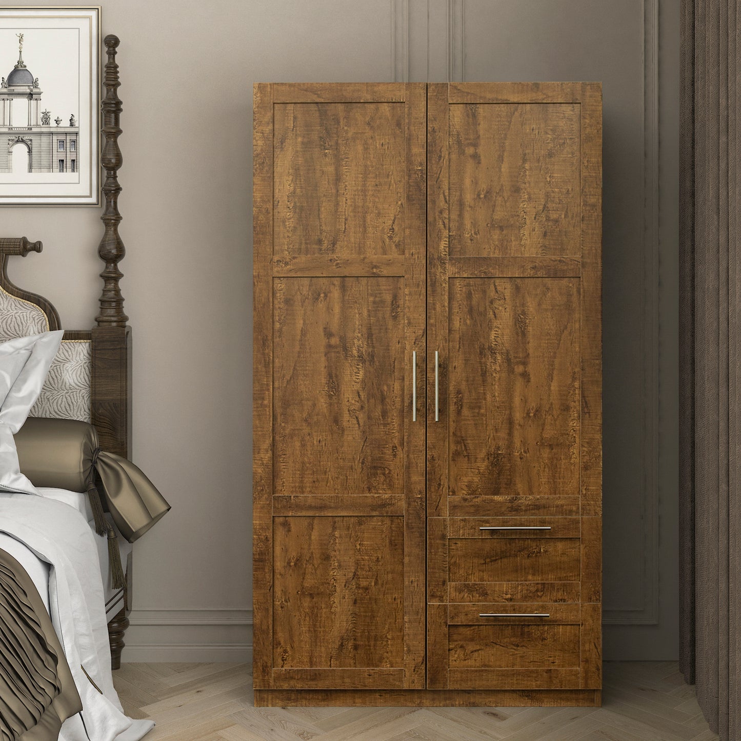 High wardrobe and kitchen cabinet with 2 doors, 2 drawers and 5 storage spaces,walnut