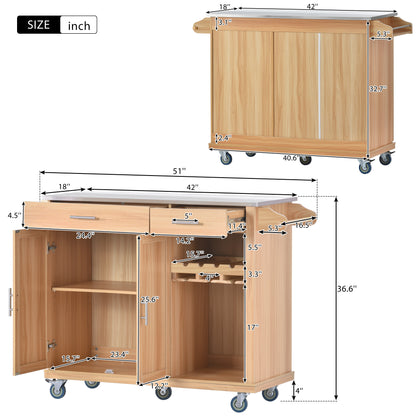 K&K Kitchen Cart with Stainless Steel Top and Storage Cabinet, Kitchen Island on Wheels with Two Drawers & Goblet Holder & Wine Rack & Spice Rack & Towel Holder, L51xW18xH37 Inches