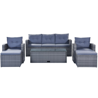 GO 6-piece All-Weather Wicker PE rattan Patio Outdoor Dining Conversation Sectional Set with coffee table, wicker sofas, ottomans,  removable cushions (Dark grey wicker, Light grey cushion)