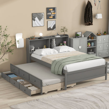 Full Bed with Bookcase,Twin Trundle,Drawers,Gray