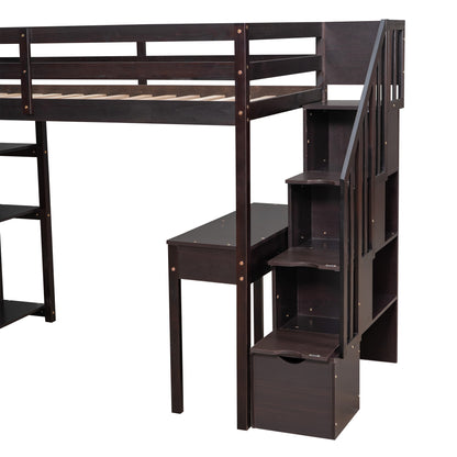 Twin size Loft Bed with Storage Drawers ,Desk and Stairs, Wooden Loft Bed with Shelves - Espresso