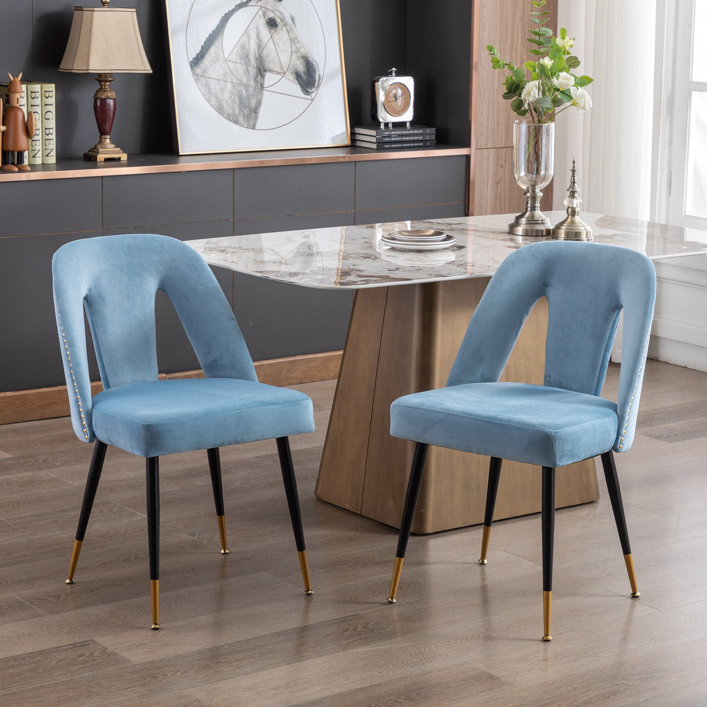 A&A Furniture,Akoya Collection Modern | Contemporary Velvet Upholstered Dining Chair with Nailheads and Gold Tipped Black Metal Legs, Light Blue，Set of 2