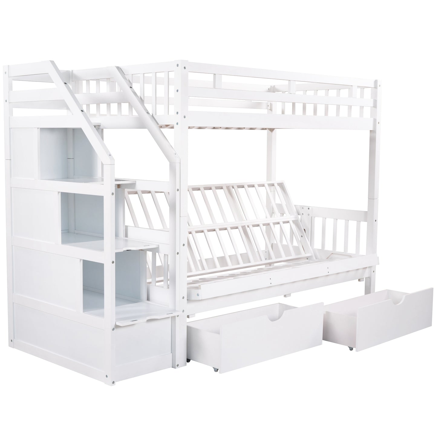 Twin over Full Bunk Bed with Two Drawers and Staircase, Down Bed can be Converted into Daybed,White