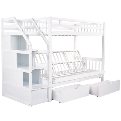 Twin over Full Bunk Bed with Two Drawers and Staircase, Down Bed can be Converted into Daybed,White