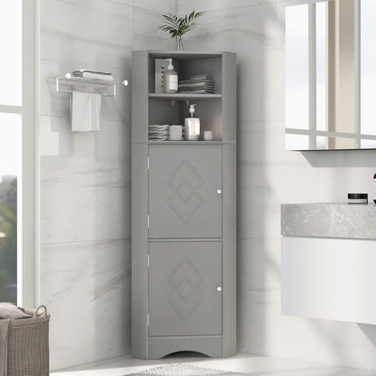 Tall Bathroom Corner Cabinet, Freestanding Storage Cabinet with Doors and Adjustable Shelves, MDF Board, Gray