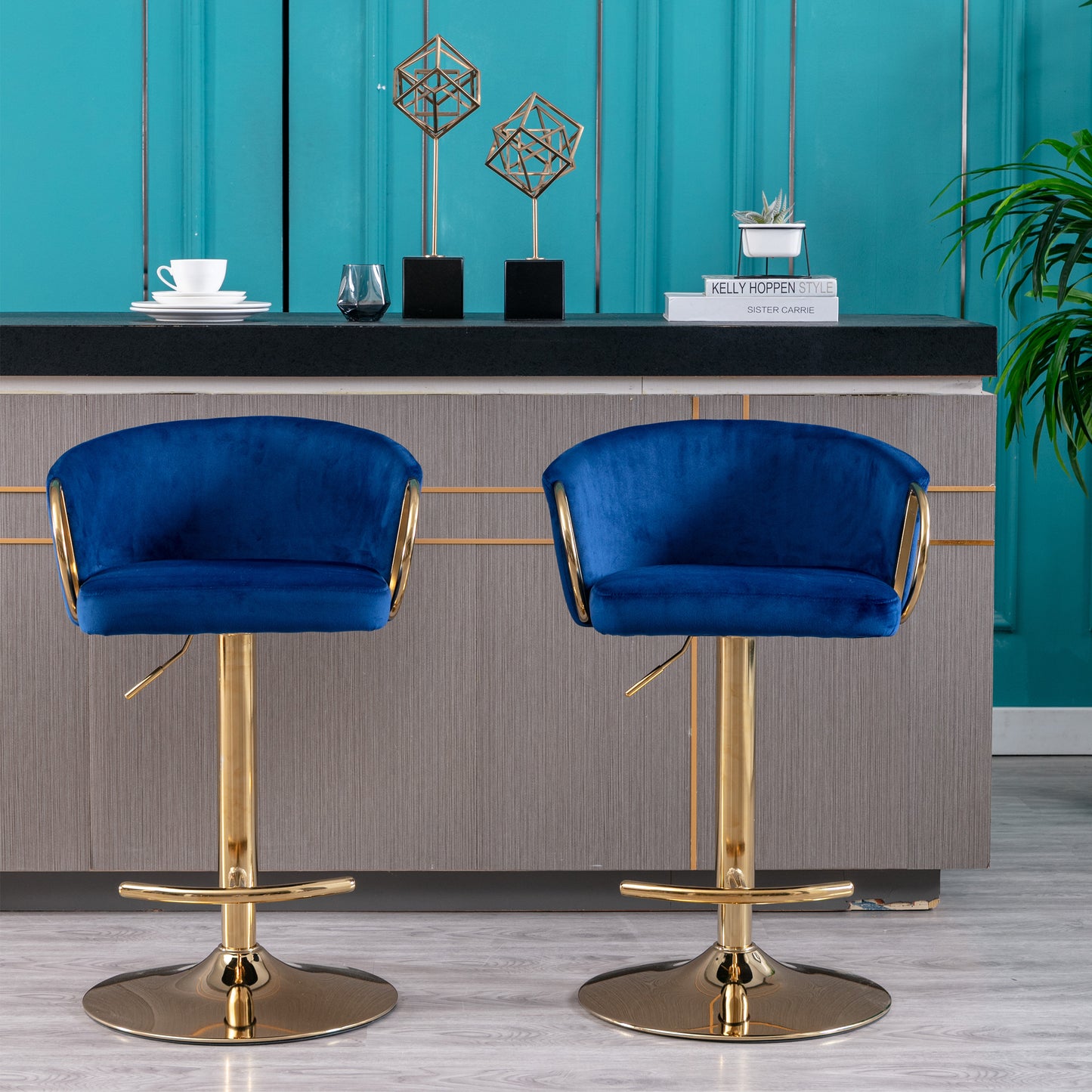 Set of 2  Bar Stools,with Chrome Footrest and Base Swivel Height Adjustable Mechanical Lifting Velvet + Golden Leg Simple Bar Stool-Navy