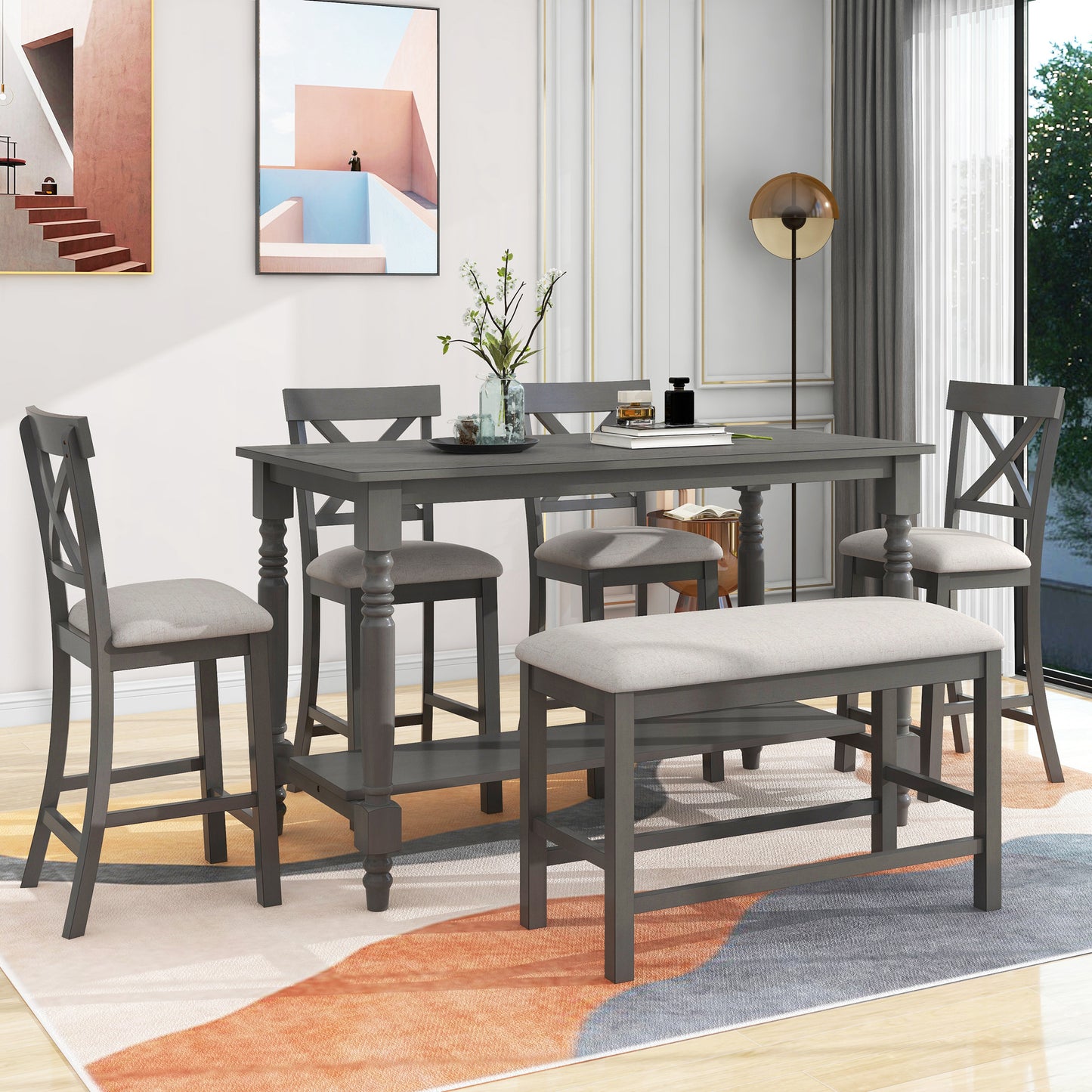 TREXM 6-Piece Counter Height Dining Table Set Table with Shelf 4 Chairs and Bench for Dining Room (Gray)