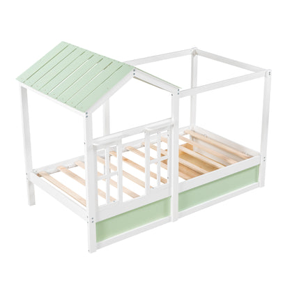 Twin Size House Bed with Roof, Window and Drawer - Green + White