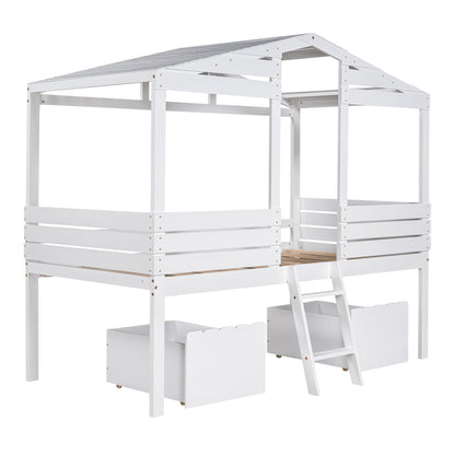 Twin Size Low Loft Wood House Bed with Two Drawers, White