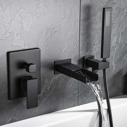 TrustMade Pressure-Balance Waterfall Single Handle Wall Mount Tub Faucet with Hand Shower, Matte Black - 2W01