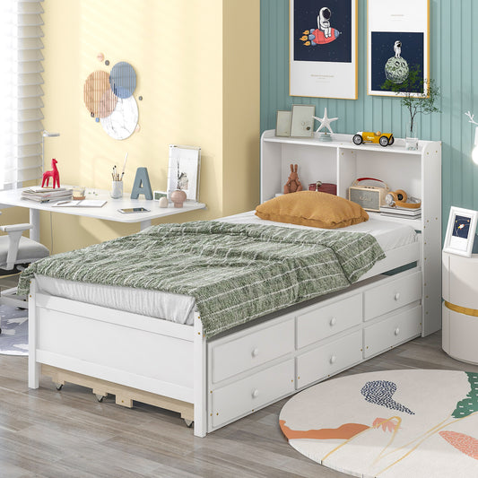 Twin Bed with Bookcase,Twin Trundle,Drawers,White