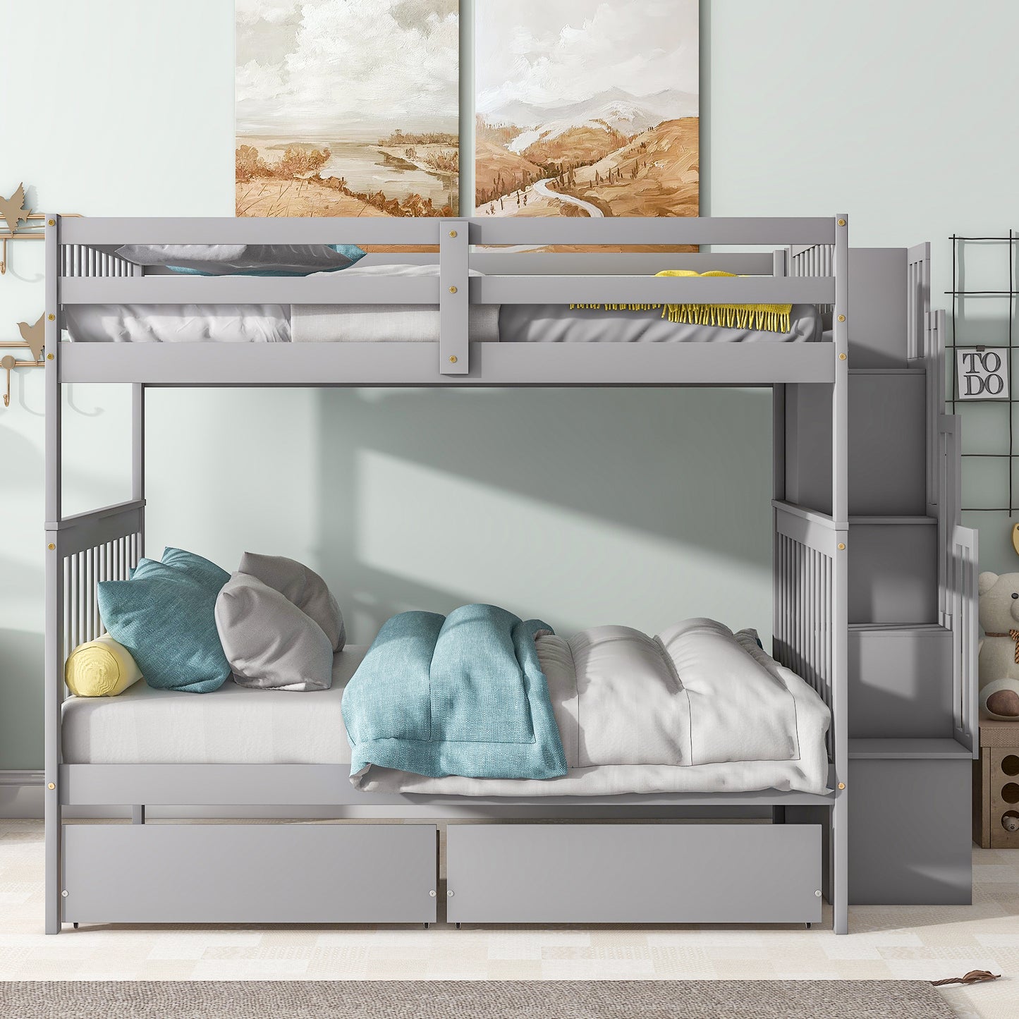 Full Over Full Bunk Bed with 2 Drawers and Staircases, Convertible into 2 Beds, the Bunk Bed with Staircase and Safety Rails for Kids, Teens, Adults, Grey