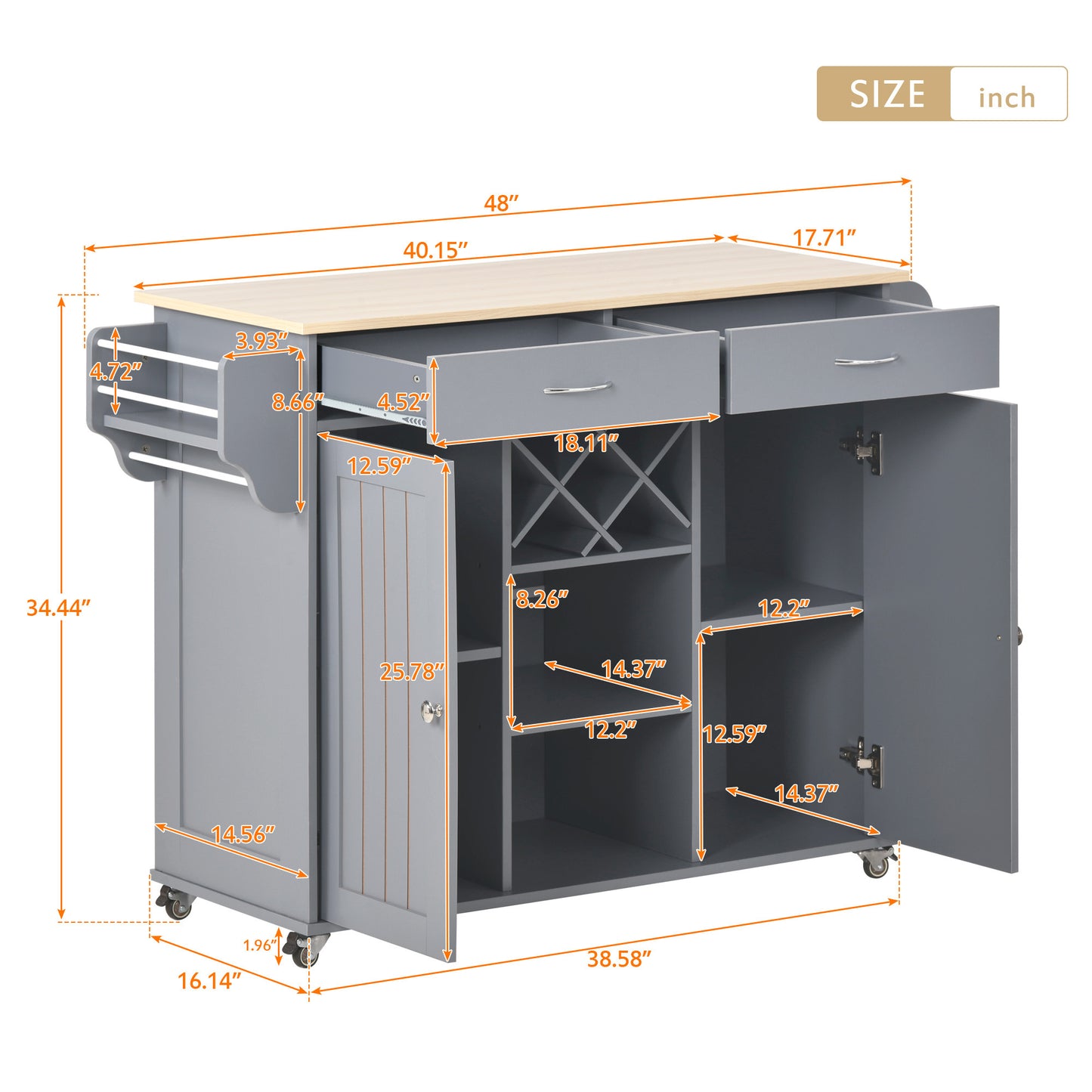 K&K Store Kitchen Island Cart with Two Storage Cabinets and Four Locking Wheels，Wine Rack, Two Drawers,Spice Rack, Towel Rack （Grey Blue）