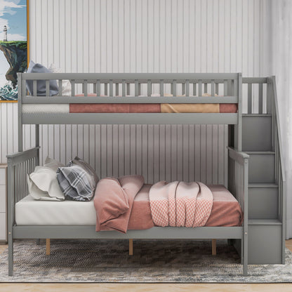 Twin over Full Stairway Bunk Bed with Storage, Gray