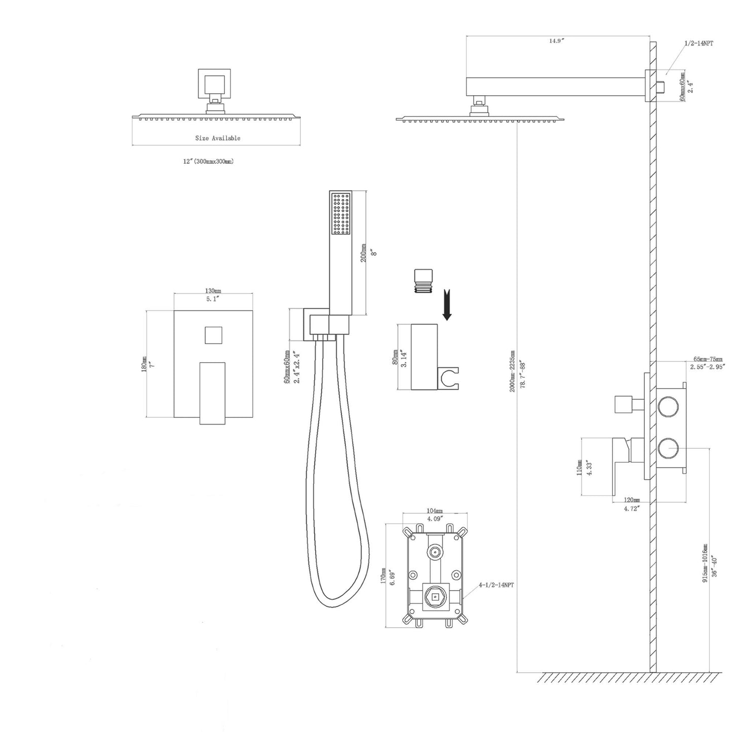 12" Rain Shower Head Systems, Brushed Nickel,Wall Mounted shower