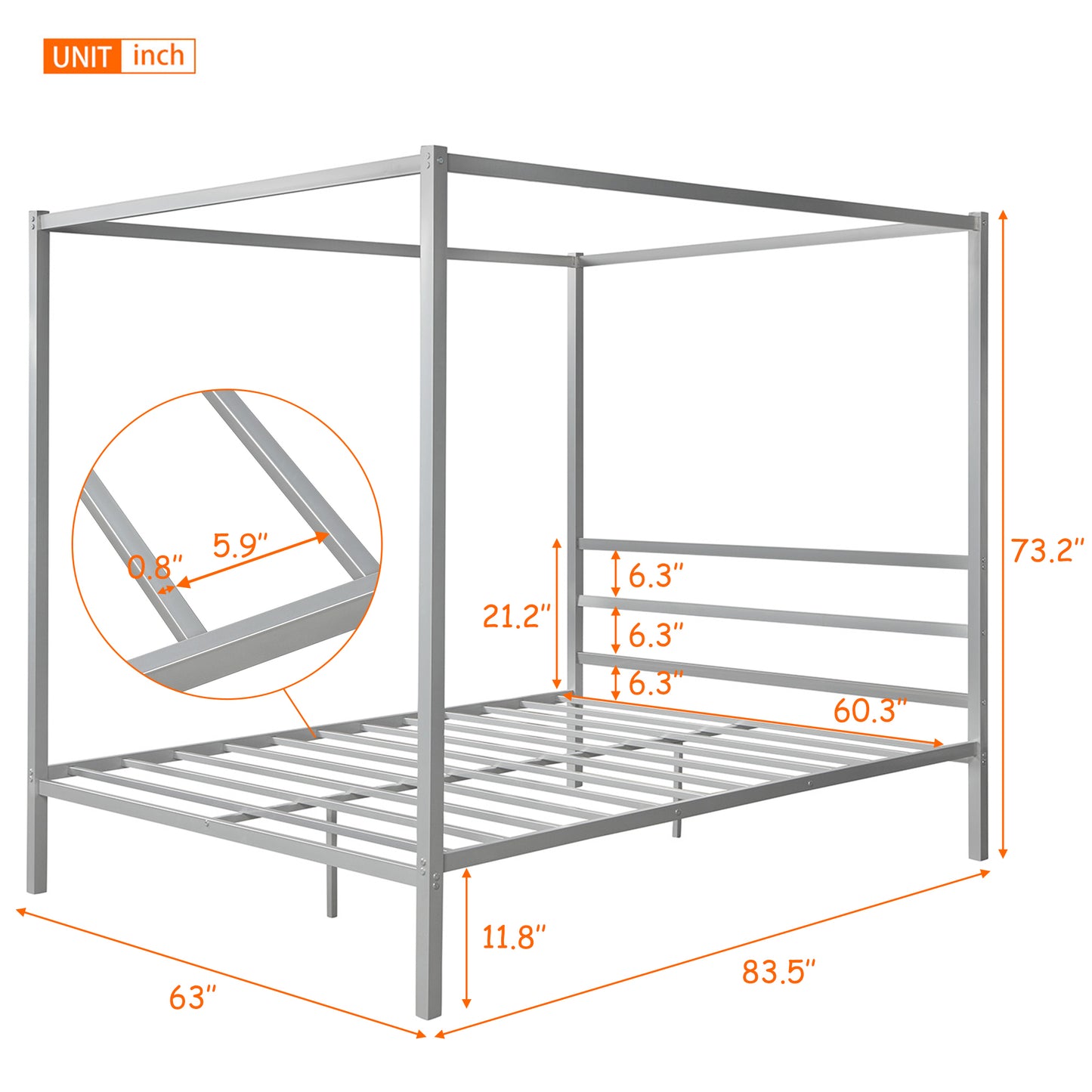 Metal Framed Canopy Platform Bed with Built-in Headboard,No Box Spring Needed, Classic Design, Queen , Sliver