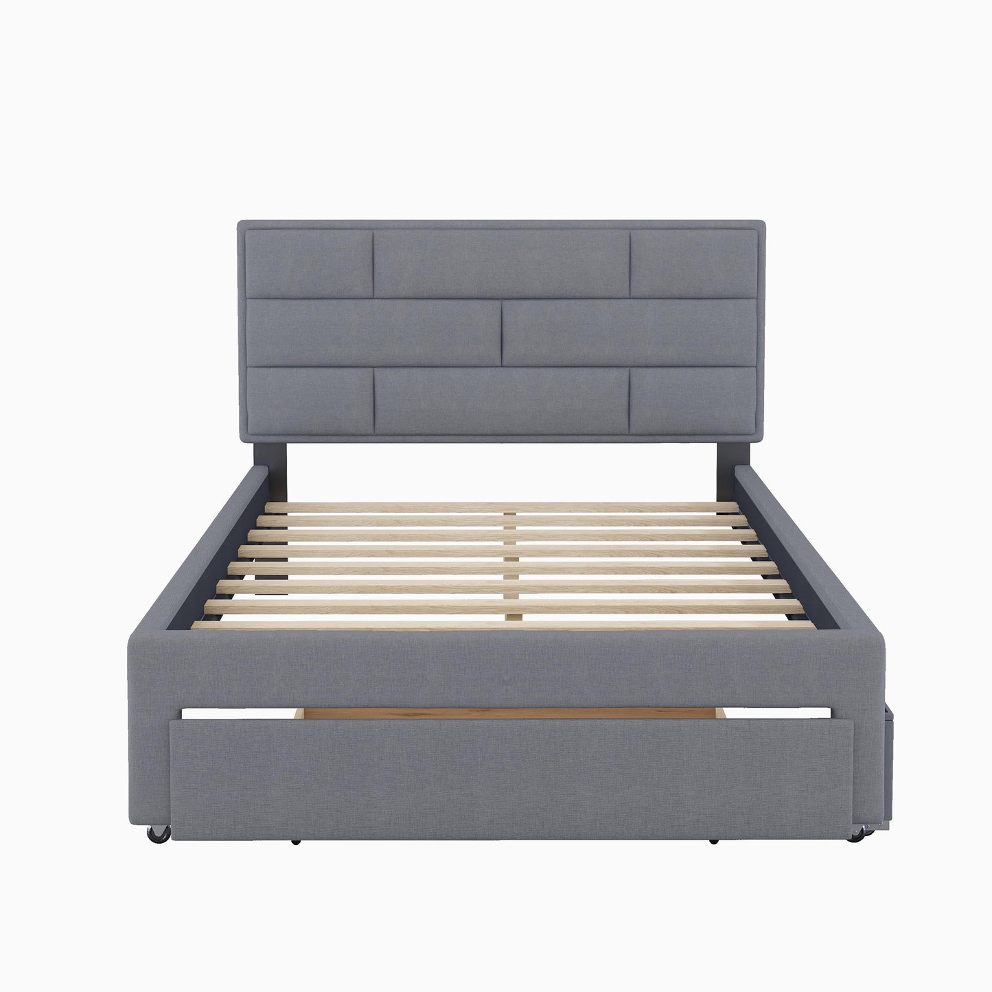 Full Size Linen Upholstered Platform Bed With a Drawer and Storage Shelves,Gray