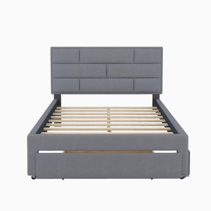 Full Size Linen Upholstered Platform Bed With a Drawer and Storage Shelves,Gray