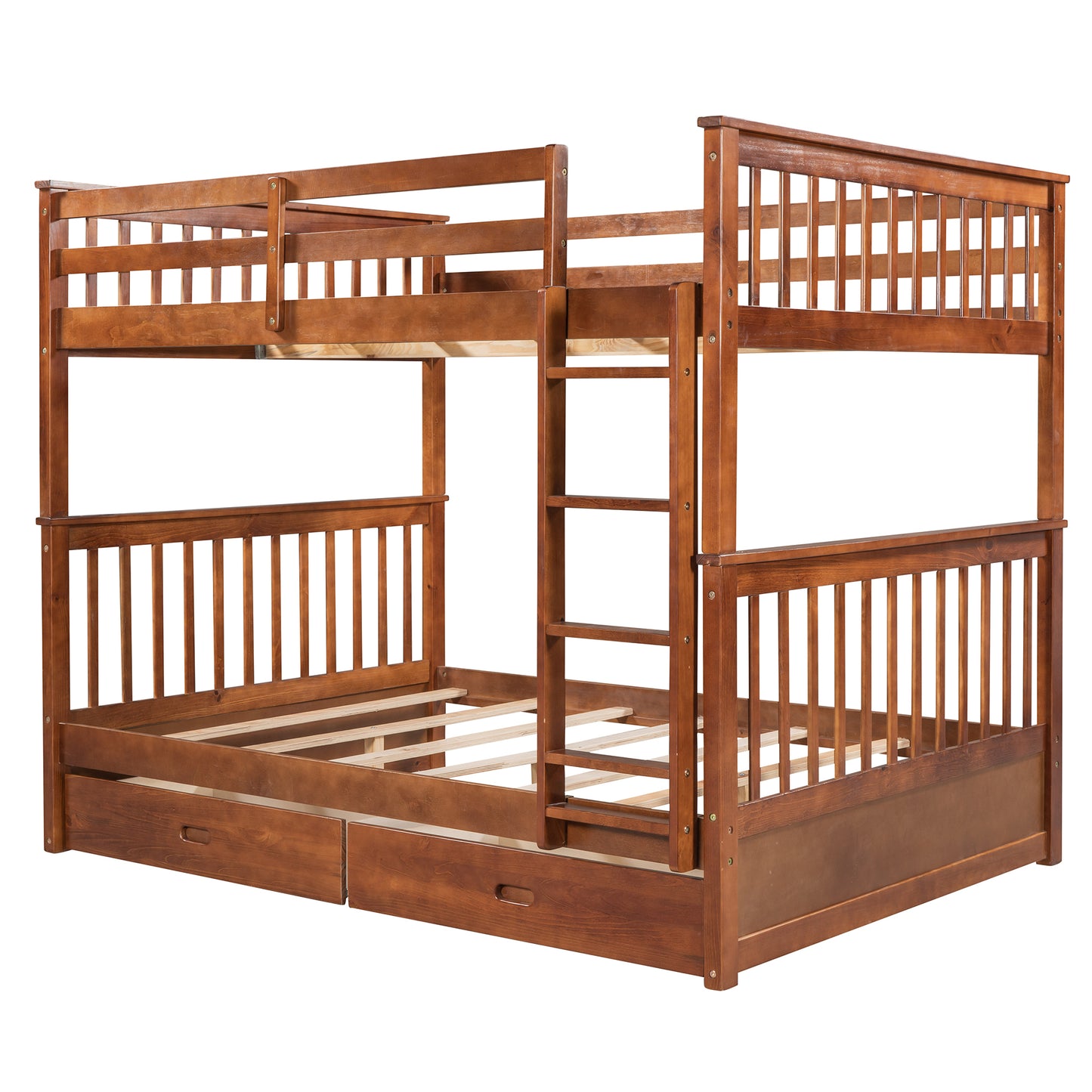 Full-Over-Full Bunk Bed with Ladders and Two Storage Drawers (Walnut)