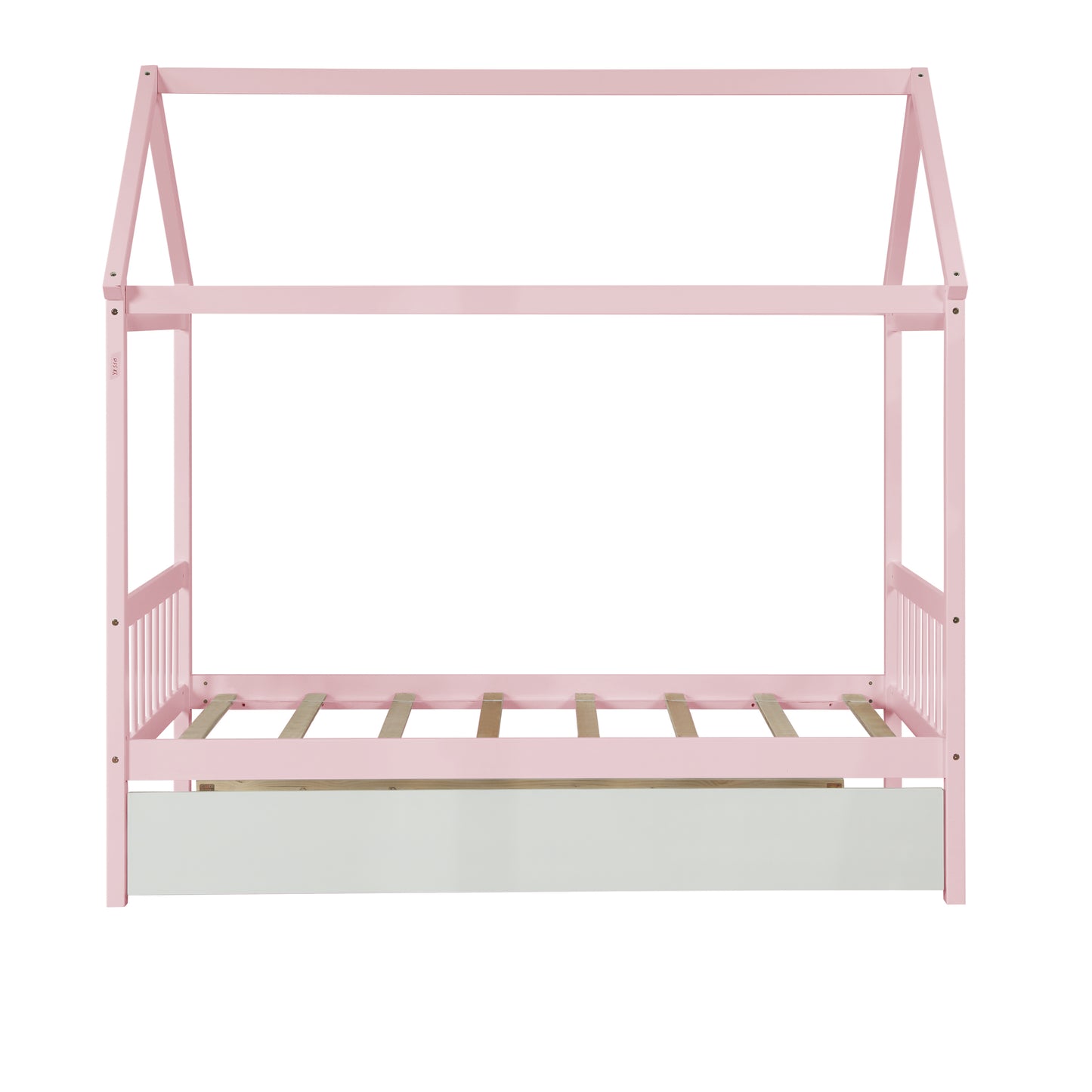 WARM PINK TWIN HOUSE BED WITH WHITE TWIN TRUNDLE